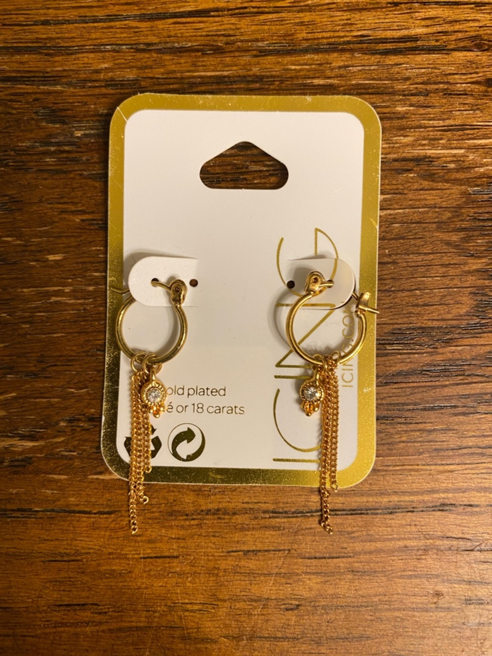 NWT Icing 18K Gold Plated Chain Dangle Hoop Earrings Crystal Charm Drop